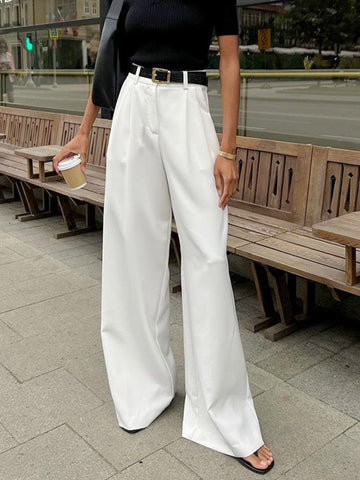 Pantalon large femme taille haute devant plissé coupe ajustée style élégant - MAX FOR ME MAX FOR ME