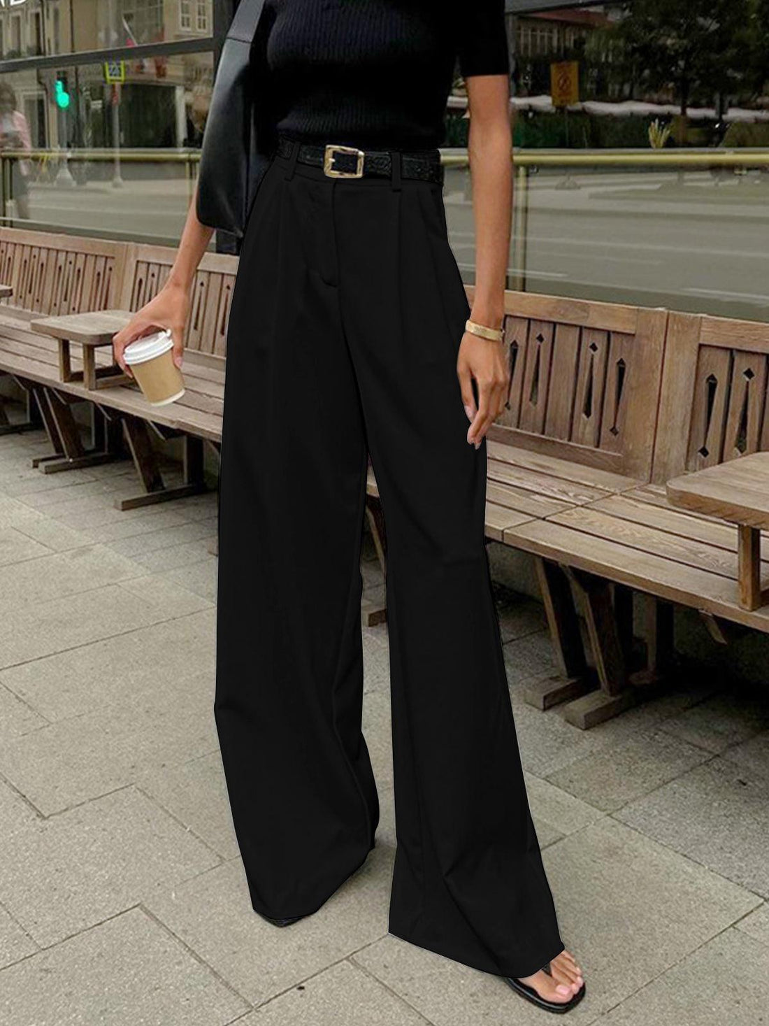 Pantalon large femme taille haute devant plissé coupe ajustée style élégant - MAX FOR ME MAX FOR ME