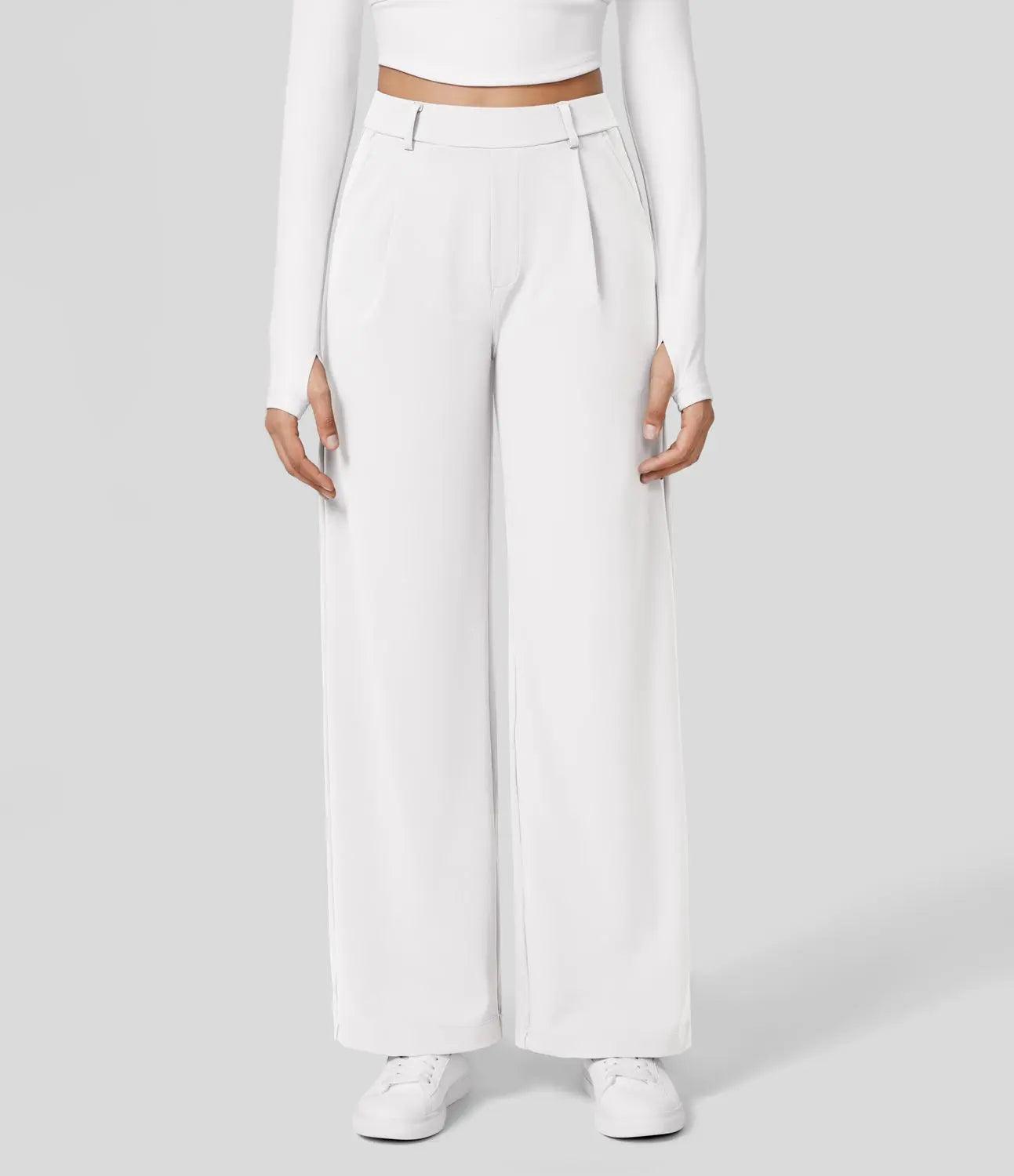 Pantalon large pour femme - Taille haute - Devant plissé - Longueur totale - Poches latérales Blanc / S MAX FOR ME
