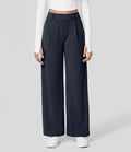 Pantalon large pour femme - Taille haute - Devant plissé - Longueur totale - Poches latérales Bleu foncé / S MAX FOR ME