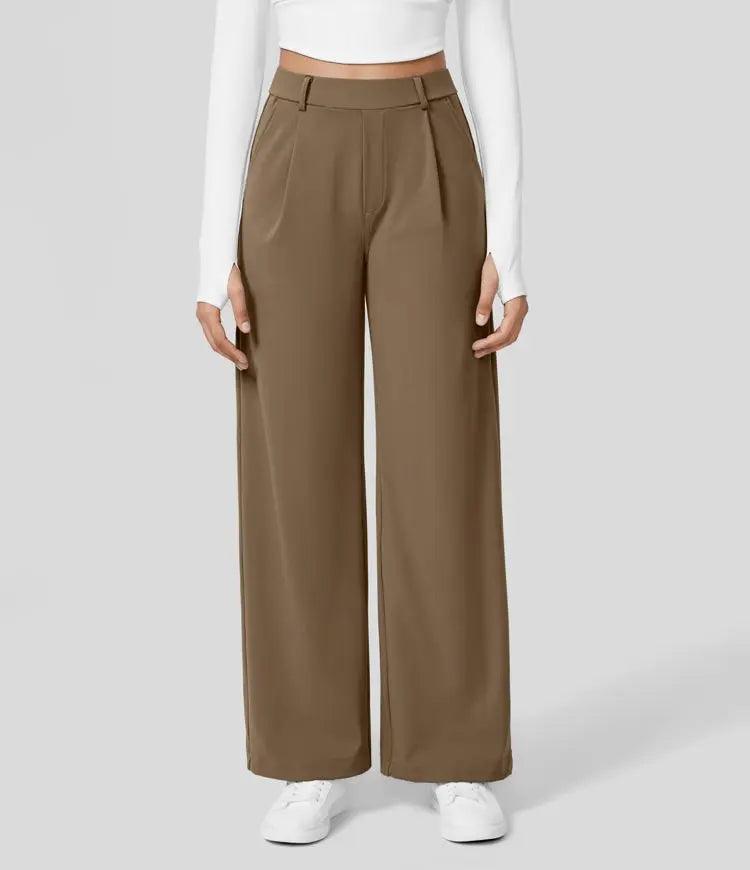 Pantalon large pour femme - Taille haute - Devant plissé - Longueur totale - Poches latérales Kaki / S MAX FOR ME