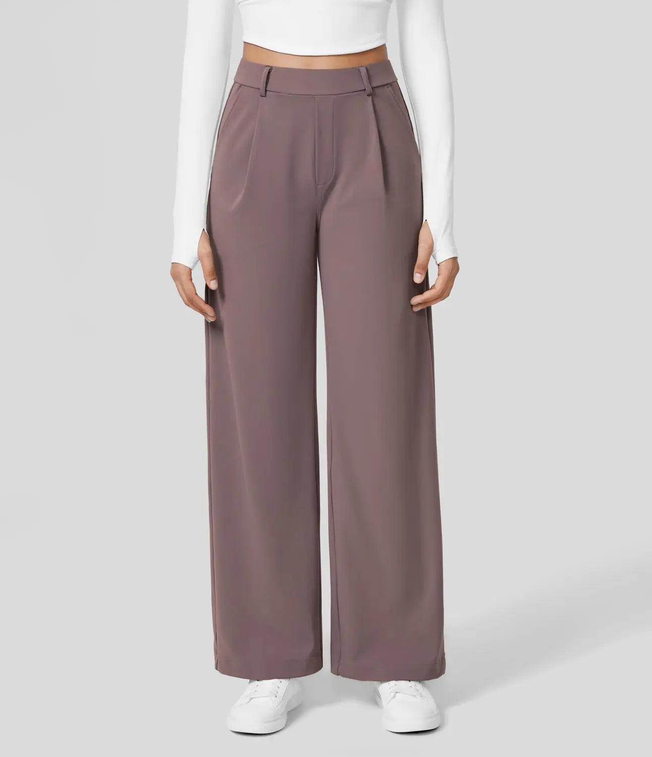 Pantalon large pour femme - Taille haute - Devant plissé - Longueur totale - Poches latérales MAX FOR ME