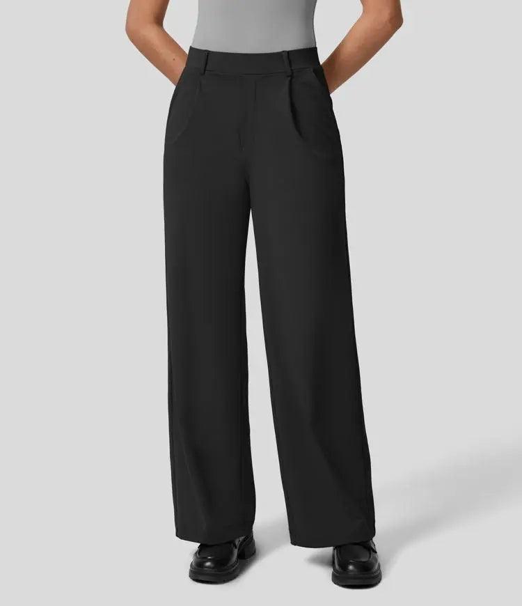 Pantalon large pour femme - Taille haute - Devant plissé - Longueur totale - Poches latérales Noir / S MAX FOR ME