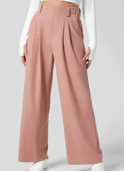 Pantalon large pour femme - Taille haute - Devant plissé - Longueur totale - Poches latérales Rose / S MAX FOR ME