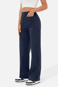 Pantalon large pour femme - Taille haute - Fermeture boutonnée - Poches avant - Coupe décontractée Bleu foncé / S MAX FOR ME