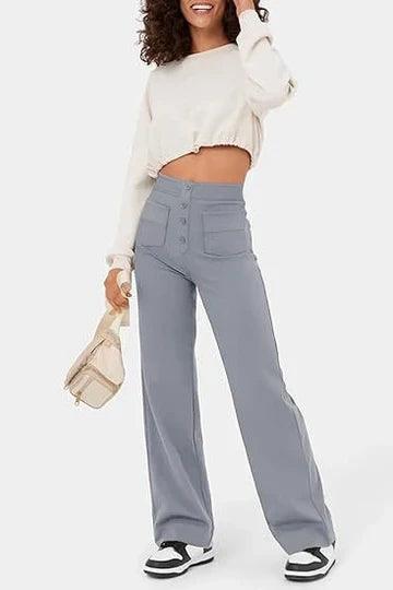 Pantalon large pour femme - Taille haute - Fermeture boutonnée - Poches avant - Coupe décontractée Gris foncé / S MAX FOR ME