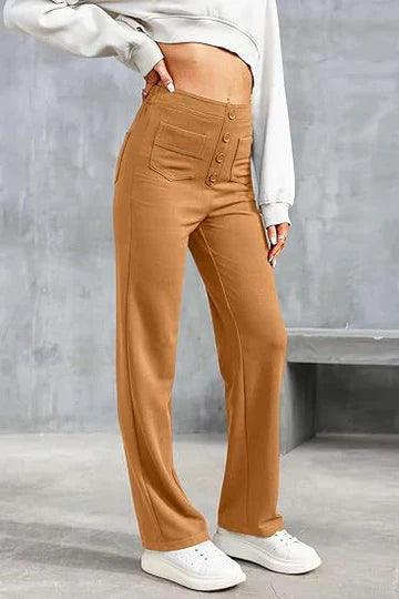 Pantalon large pour femme - Taille haute - Fermeture boutonnée - Poches avant - Coupe décontractée Marron / S MAX FOR ME