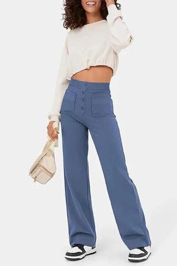 Pantalon large pour femme - Taille haute - Fermeture boutonnée - Poches avant - Coupe décontractée MAX FOR ME