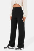 Pantalon large pour femme - Taille haute - Fermeture boutonnée - Poches avant - Coupe décontractée Noir / S MAX FOR ME