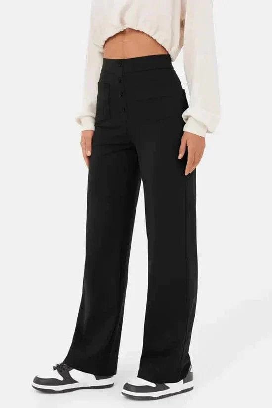 Pantalon large pour femme - Taille haute - Fermeture boutonnée - Poches avant - Coupe décontractée Noir / S MAX FOR ME