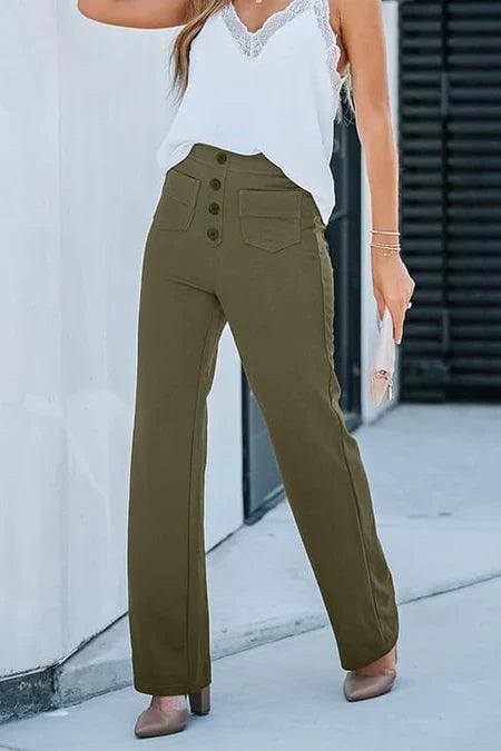 Pantalon large pour femme - Taille haute - Fermeture boutonnée - Poches avant - Coupe décontractée Vert doux / S MAX FOR ME
