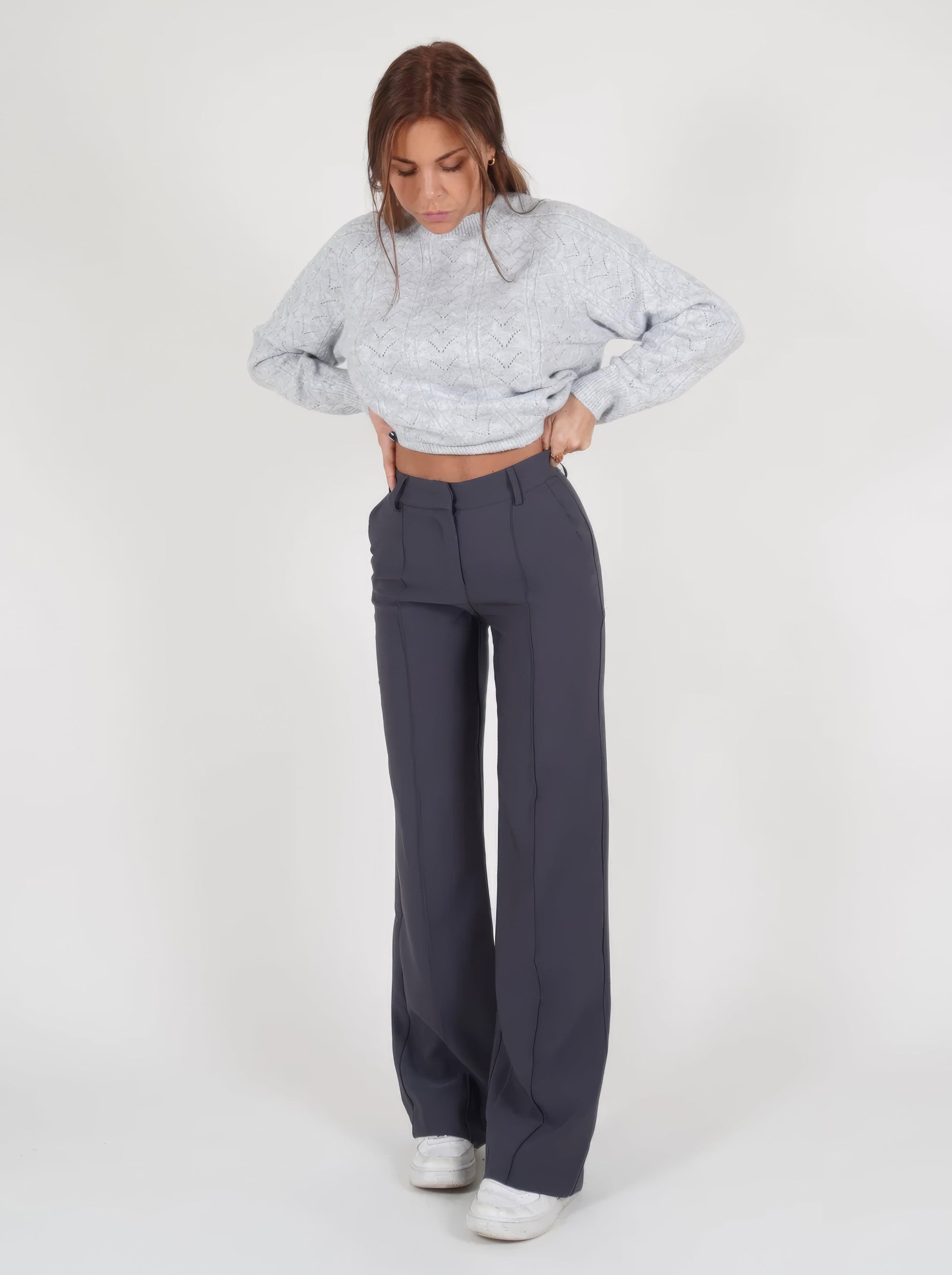 Pantalon large taille haute femme coupe ajustée longueur complète élégant polyvalent - MAX FOR ME Gris / XS MAX FOR ME