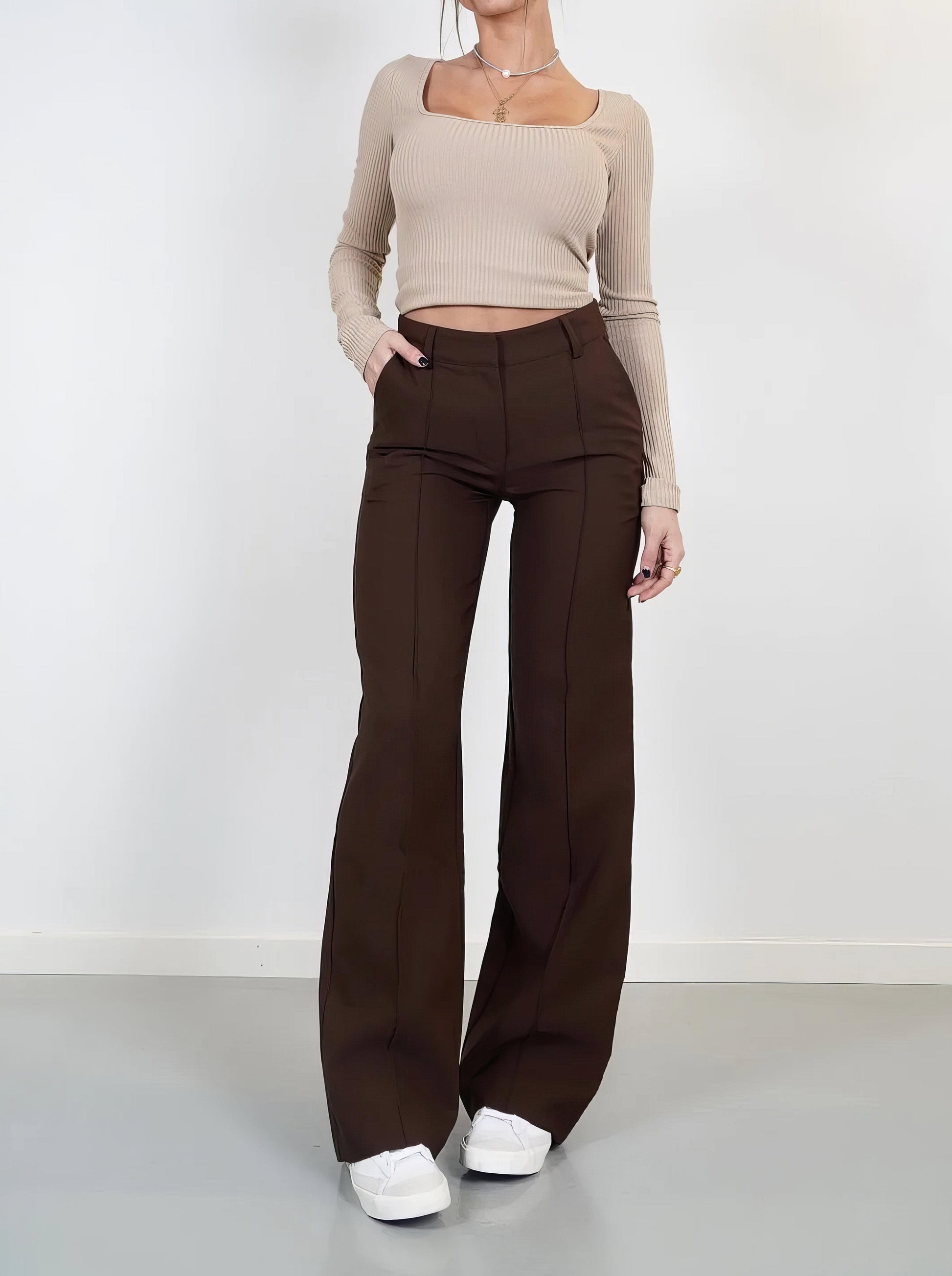 Pantalon large taille haute femme coupe ajustée longueur complète élégant polyvalent - MAX FOR ME Marron / XS MAX FOR ME