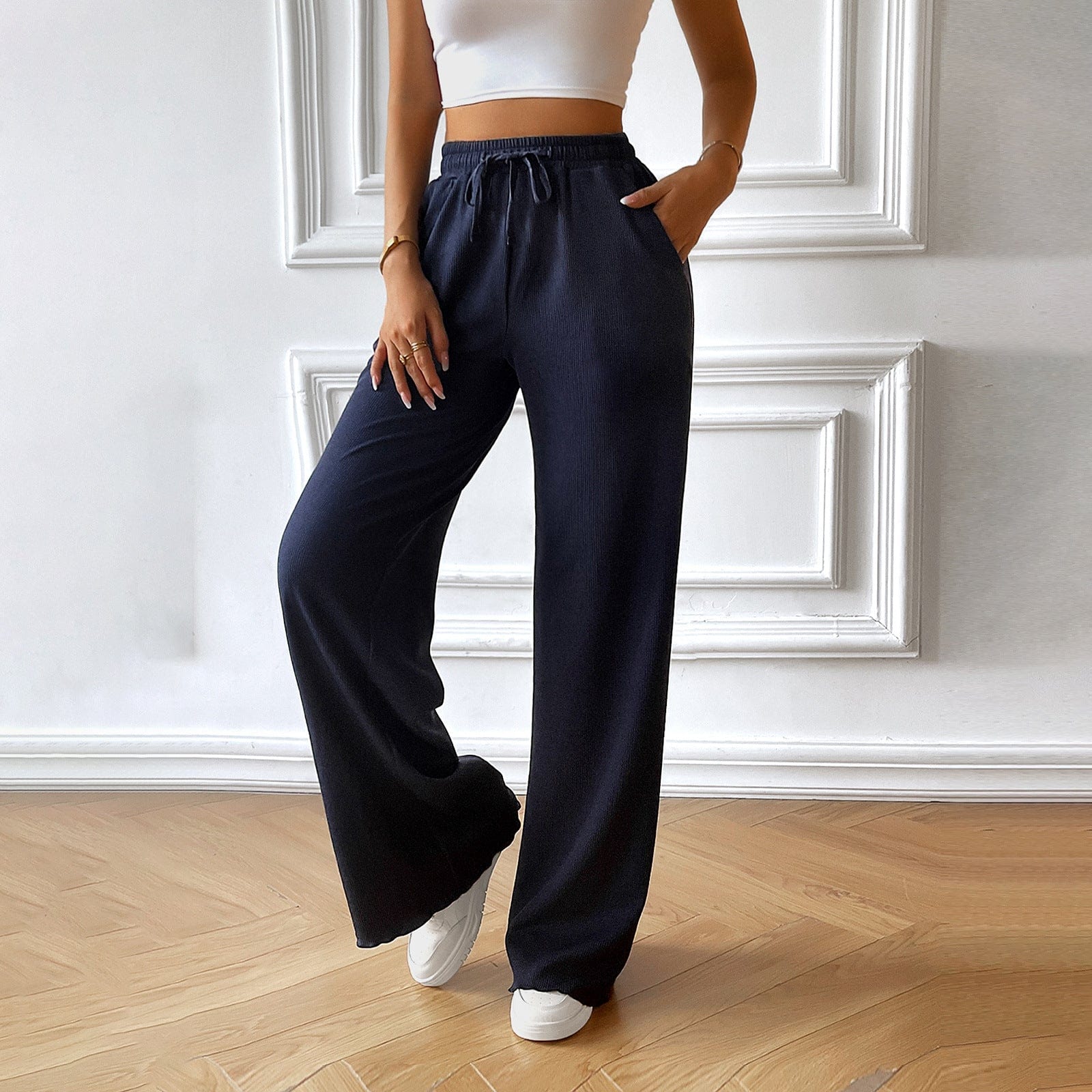 Pantalon large uni fluide taille élastique style décontracté - MAX FOR ME Marine noire / S MAX FOR ME