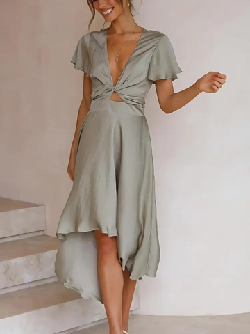 MAX for ME Gris / 38 Robe à Jupe Irrégulière et Col en V