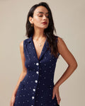 Robe Chemise Midi à Pois – Élégance Décontractée et Style Rétro Bleu foncé / XS MAX FOR ME