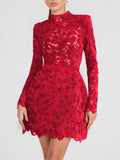 Robe Courte en Dentelle Fleurie Intense – Manches Longues, Rouge ou Noir MAX for ME