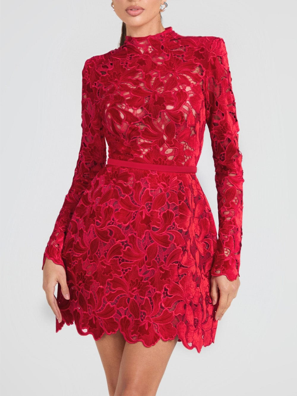 Robe Courte en Dentelle Fleurie Intense – Manches Longues, Rouge ou Noir MAX for ME