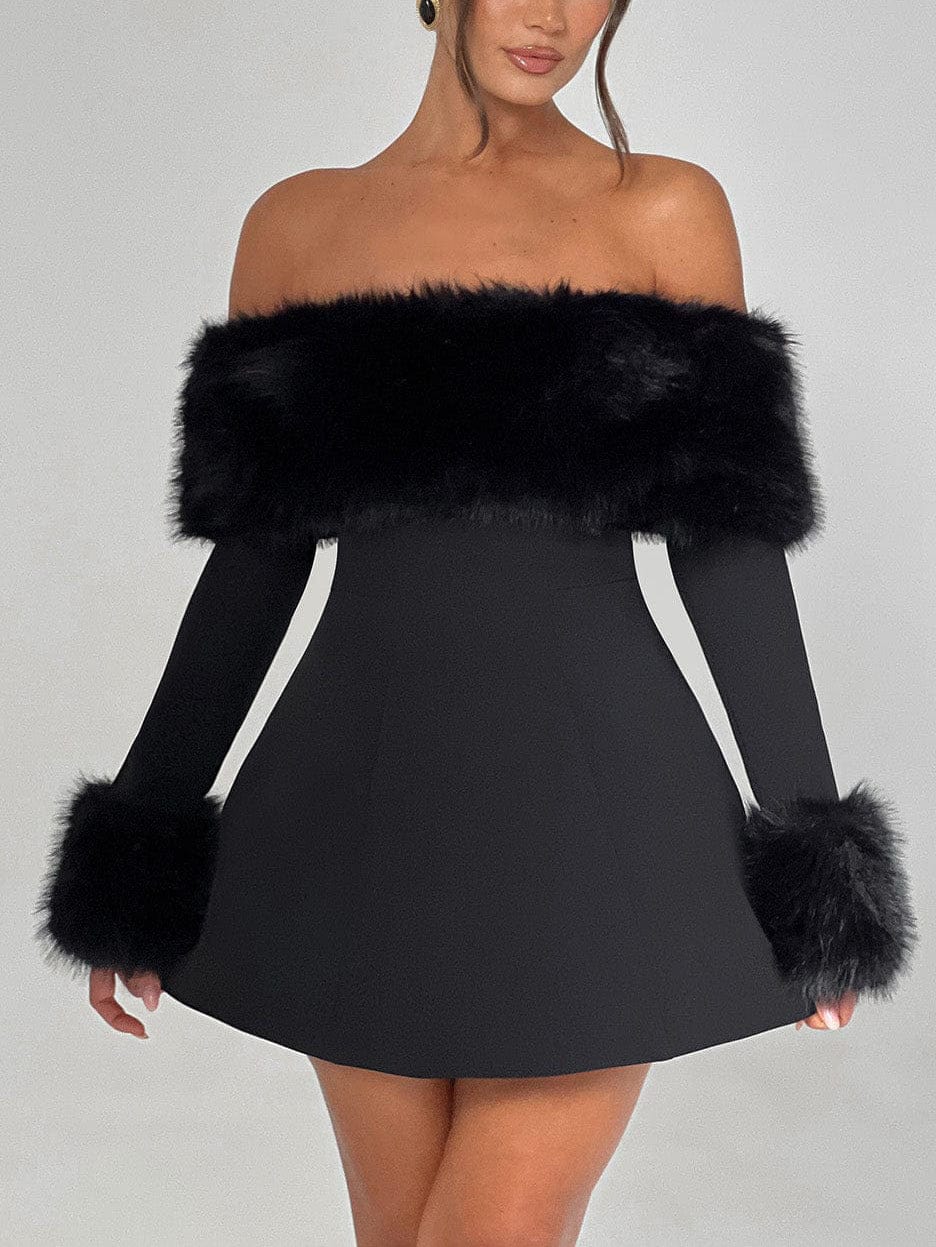 Robe Courte Évasée avec Encolure Fausse Fourrure – Style Chic et Douillet Noir / S MAX for ME