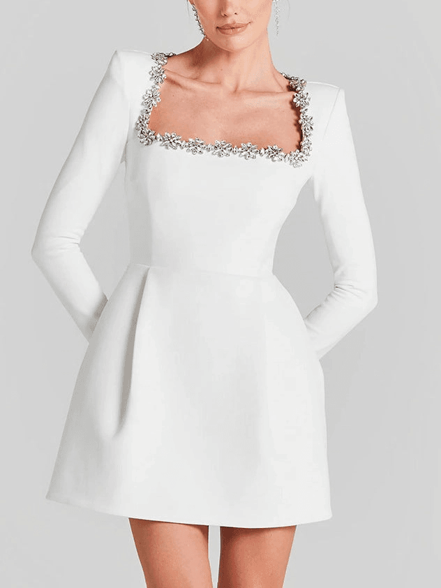 Robe Courte Noire Tweed Chic – Col Bijou et Poches Perlées Blanc Cassé / S MAX for ME