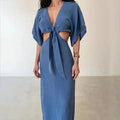 MAX for ME Robe d’été longue dos nu avec nœud frontal et découpes latérales