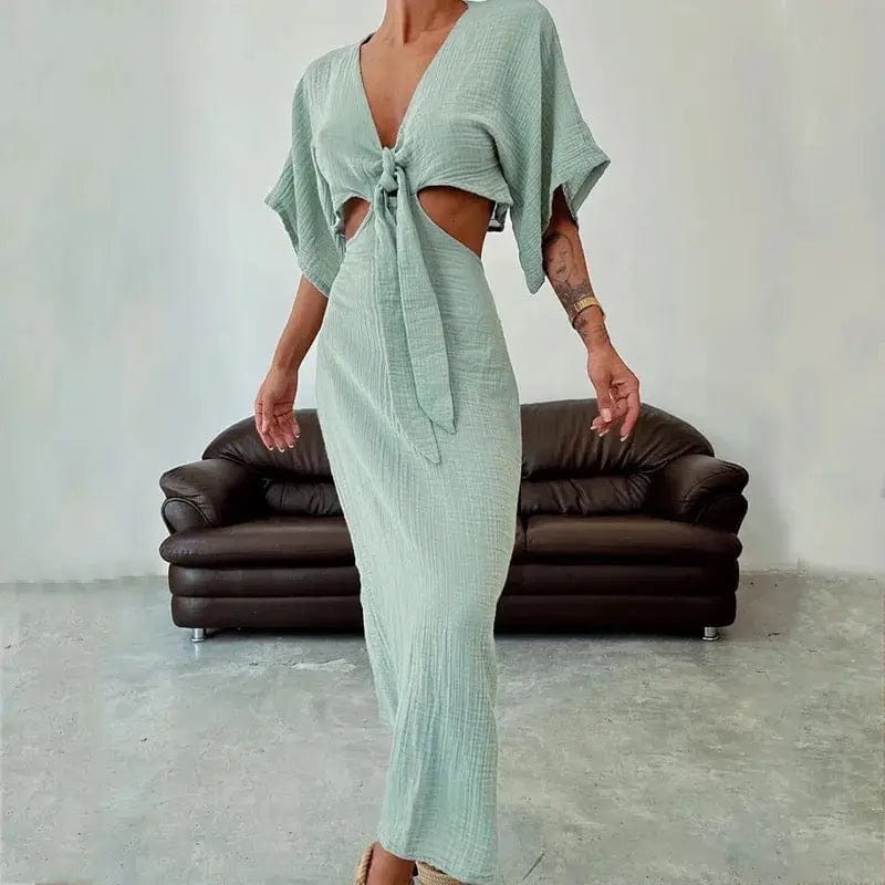 MAX for ME Robe d’été longue dos nu avec nœud frontal et découpes latérales