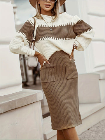 Robe en tricot pour femme - Texture côtelée - Manches longues - Coupe midi moulante - Élégante et confortable Marron / XS MAX FOR ME