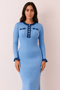 Robe femme bleue maille côtelée - empiècements jean et coupe cintrée élégante MAX for ME