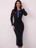 Robe femme bleue maille côtelée - empiècements jean et coupe cintrée élégante MAX for ME