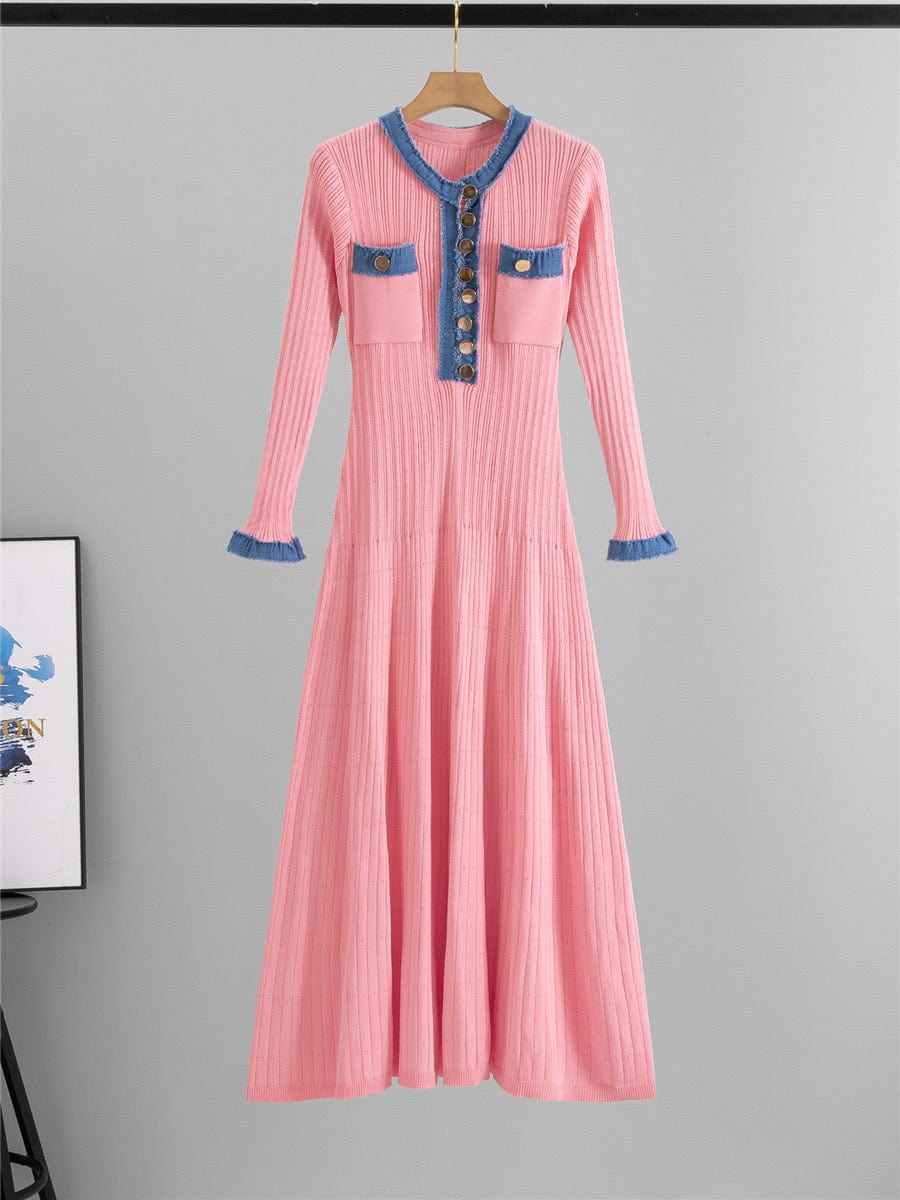 Robe femme bleue maille côtelée - empiècements jean et coupe cintrée élégante MAX for ME