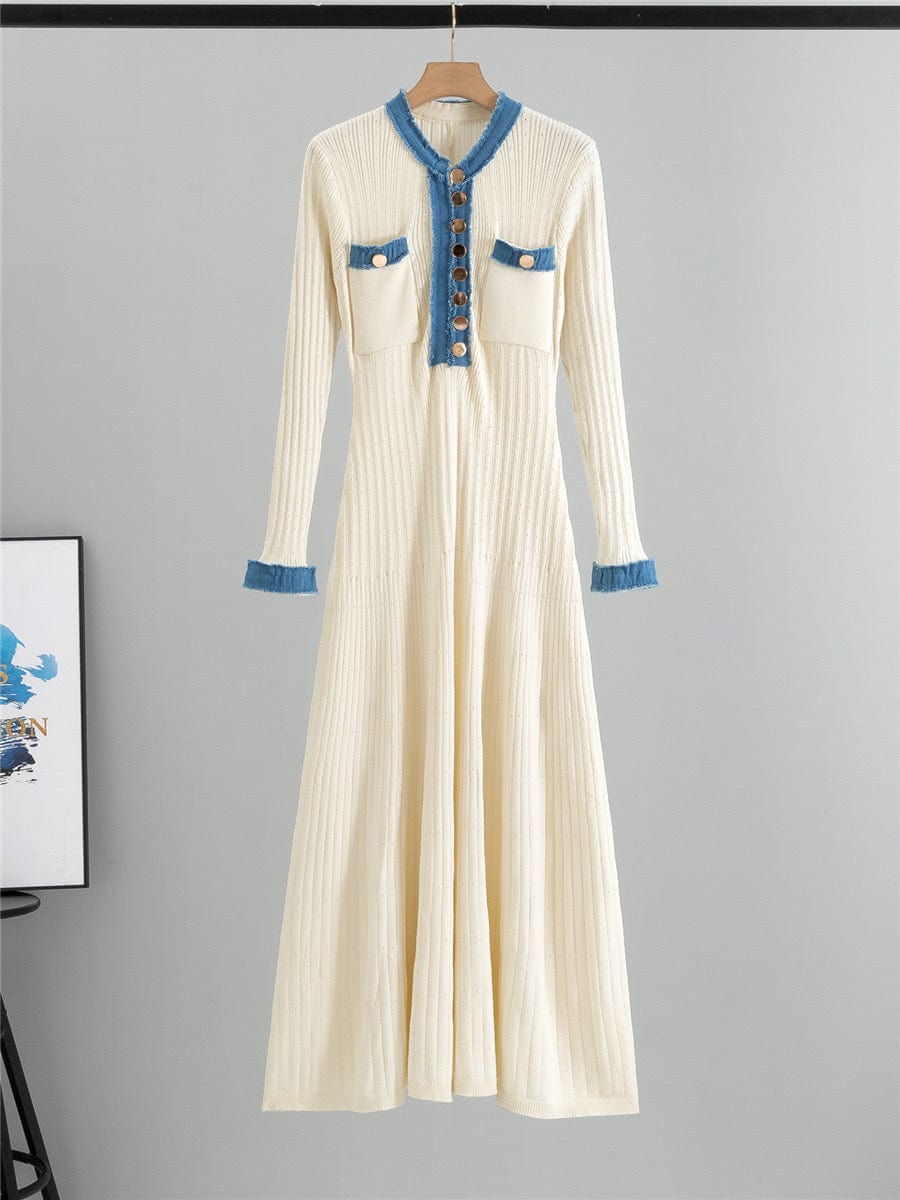 Robe femme bleue maille côtelée - empiècements jean et coupe cintrée élégante MAX for ME
