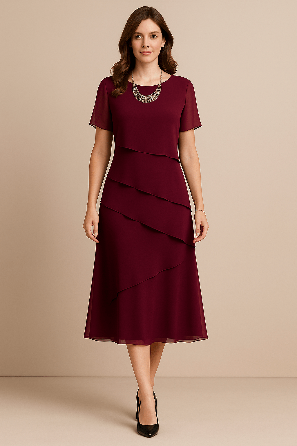 Robe Femme Élégante en Polyester – Coupe Droite à Volants Superposés Rouge Nuit / S MAX FOR ME