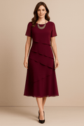 Robe Femme Élégante en Polyester – Coupe Droite à Volants Superposés Rouge Nuit / S MAX FOR ME