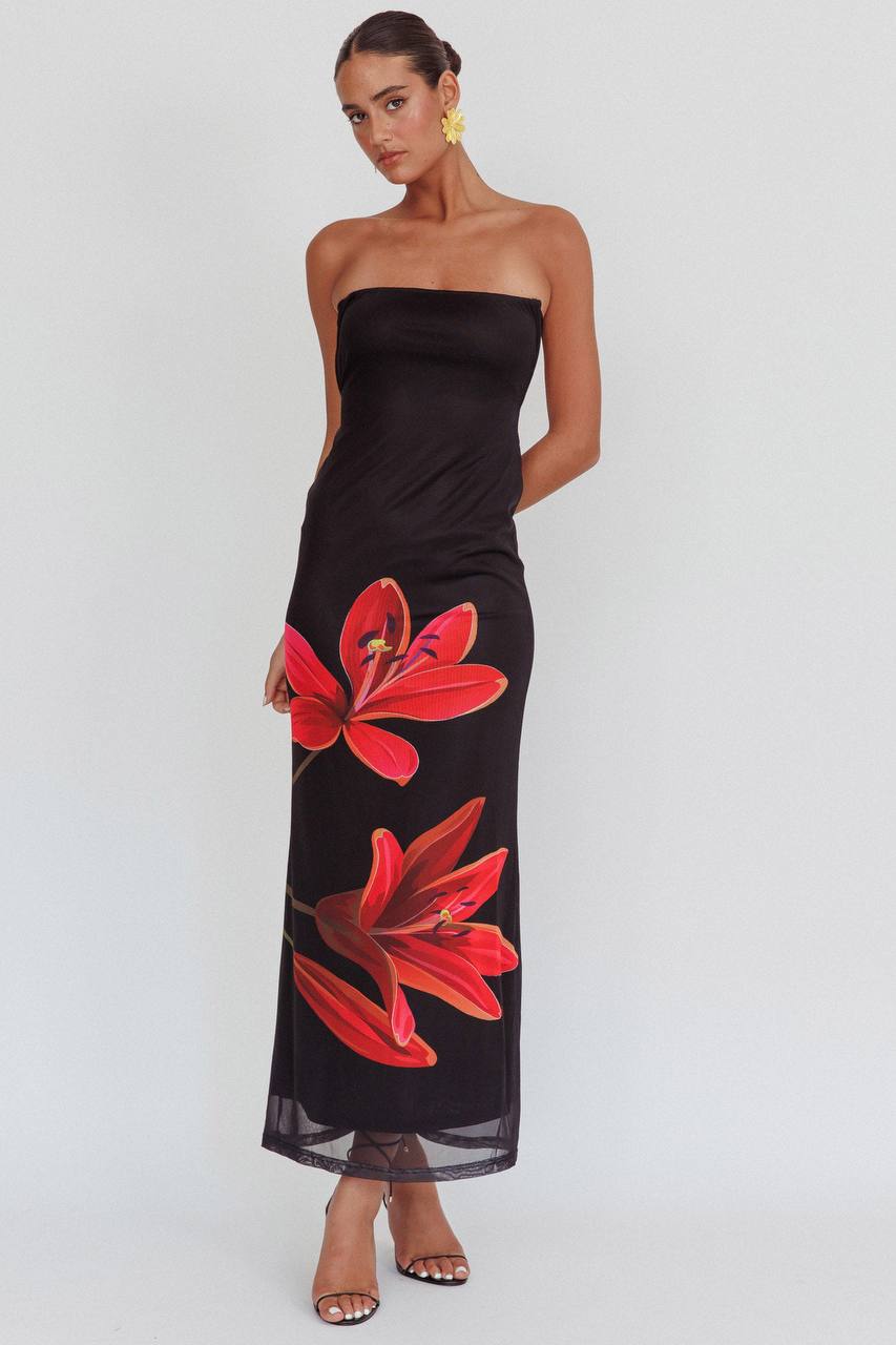 Robe Femme Longue Noire à Fleurs Rouges Noir / S MAX FOR ME