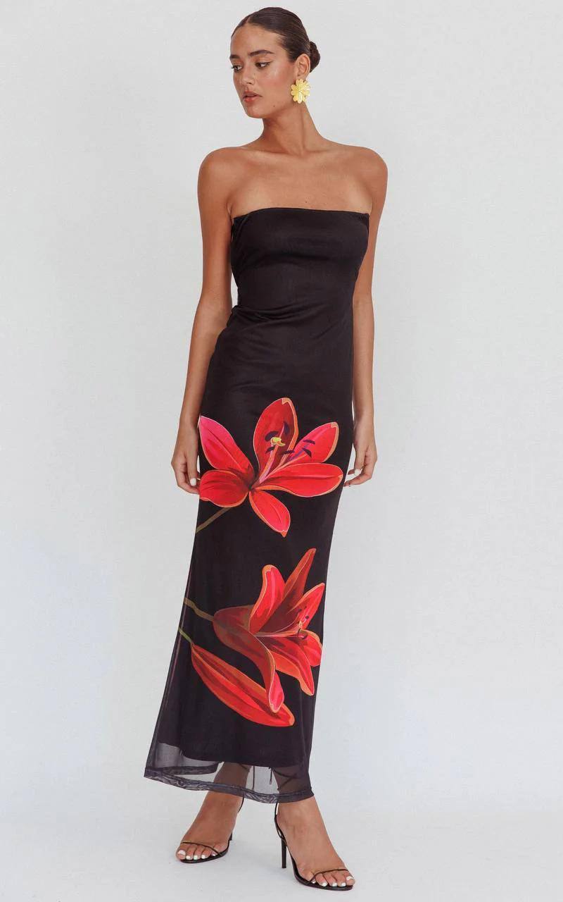 Robe Femme Longue Noire à Fleurs Rouges MAX FOR ME