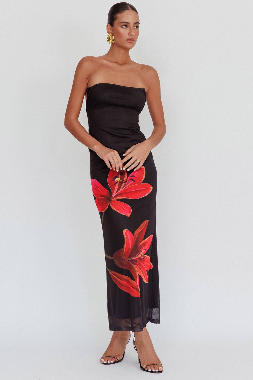 Robe Femme Longue Noire à Fleurs Rouges MAX FOR ME
