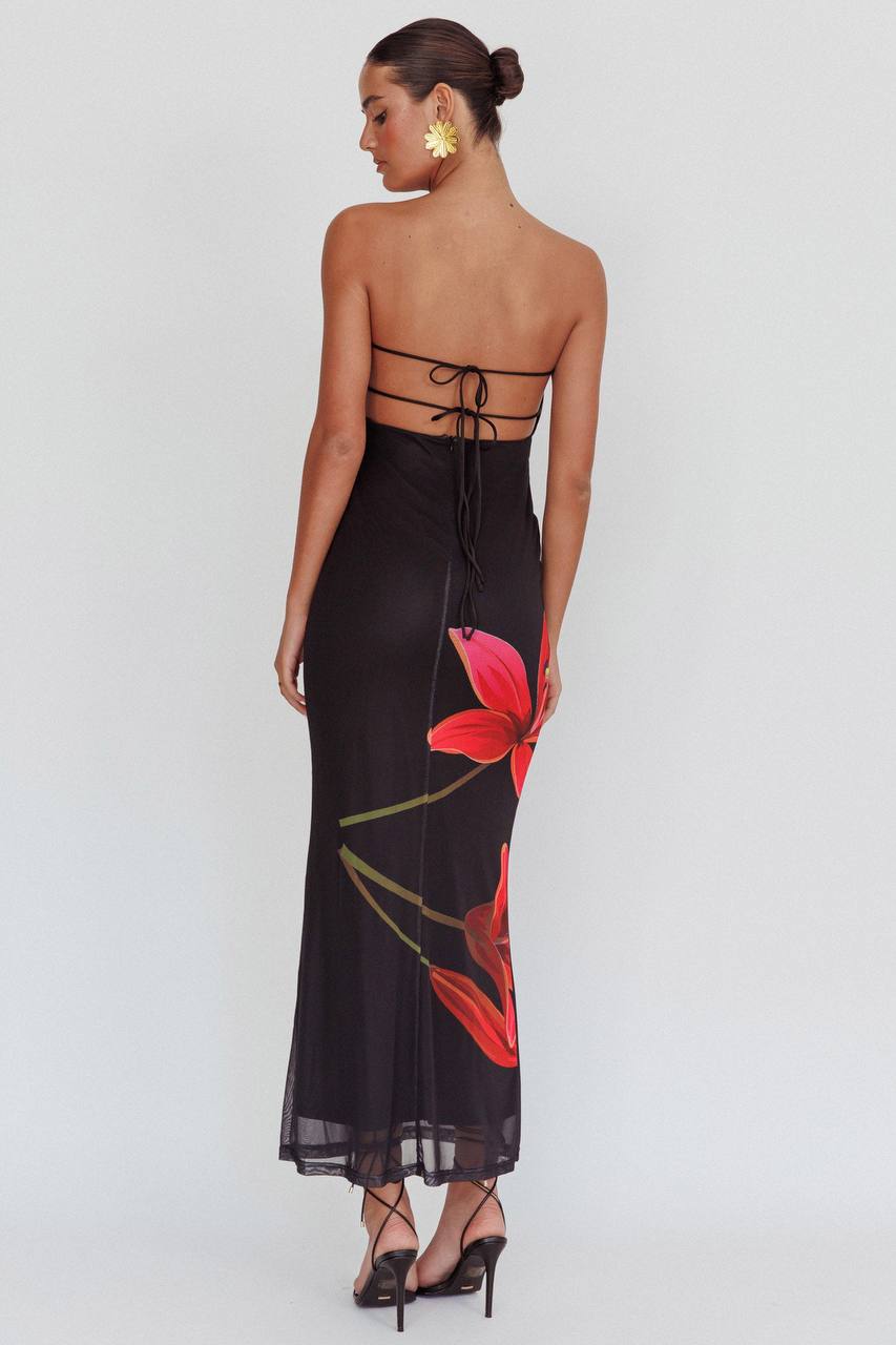 Robe Femme Longue Noire à Fleurs Rouges MAX FOR ME