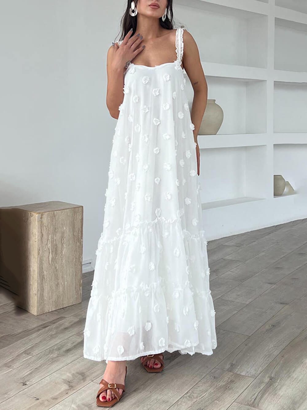 Robe longue à volants fleurie ligne A - romantisme décontracté en couches Blanc / S MAX FOR ME