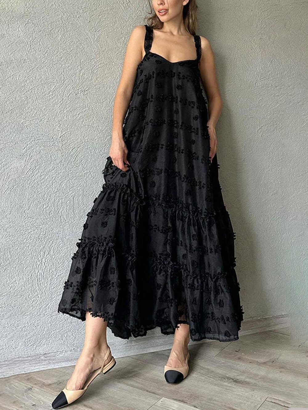 Robe longue à volants fleurie ligne A - romantisme décontracté en couches Noir / S MAX FOR ME