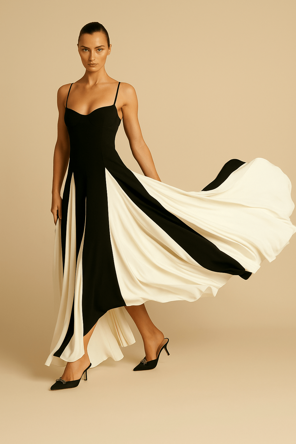 Robe Longue Bicolore – Bretelles Fines et Jupe Fluide Contrastée MAX FOR ME