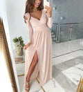 Robe Longue Chic Col V - Fente Élégante et Manches Longues MAX FOR ME