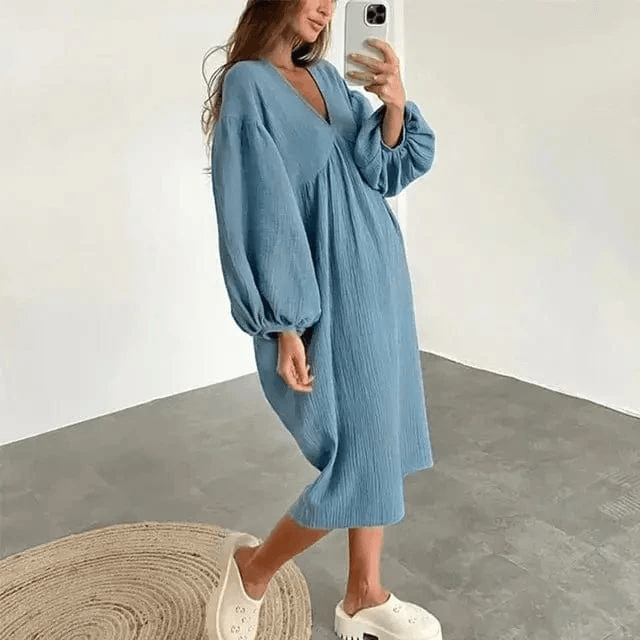 Robe longue de plage en coton et lin - Col en V- Fluide et Légère 