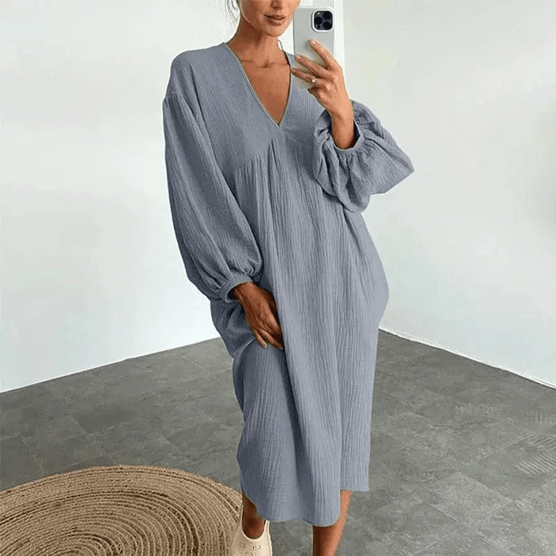 Robe longue de plage en coton et lin - Col en V- Fluide et Légère 