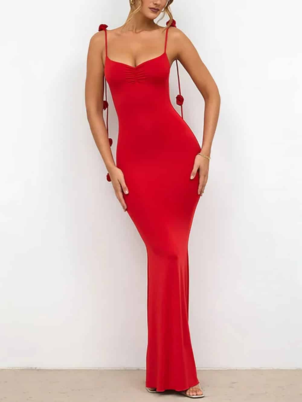 Robe longue dos nu bretelles fines - élégance minimaliste assortie Rouge / S MAX FOR ME