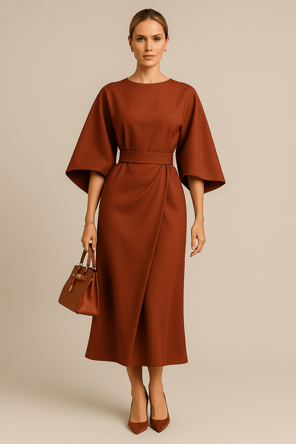 Robe Longue  Élégante à Manches Lanterne Marron / S MAX FOR ME