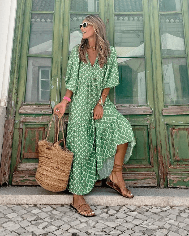 Robe Longue Femme Bohème Verte Imprimée – Coupe Fluide et Décontractée MAX FOR ME
