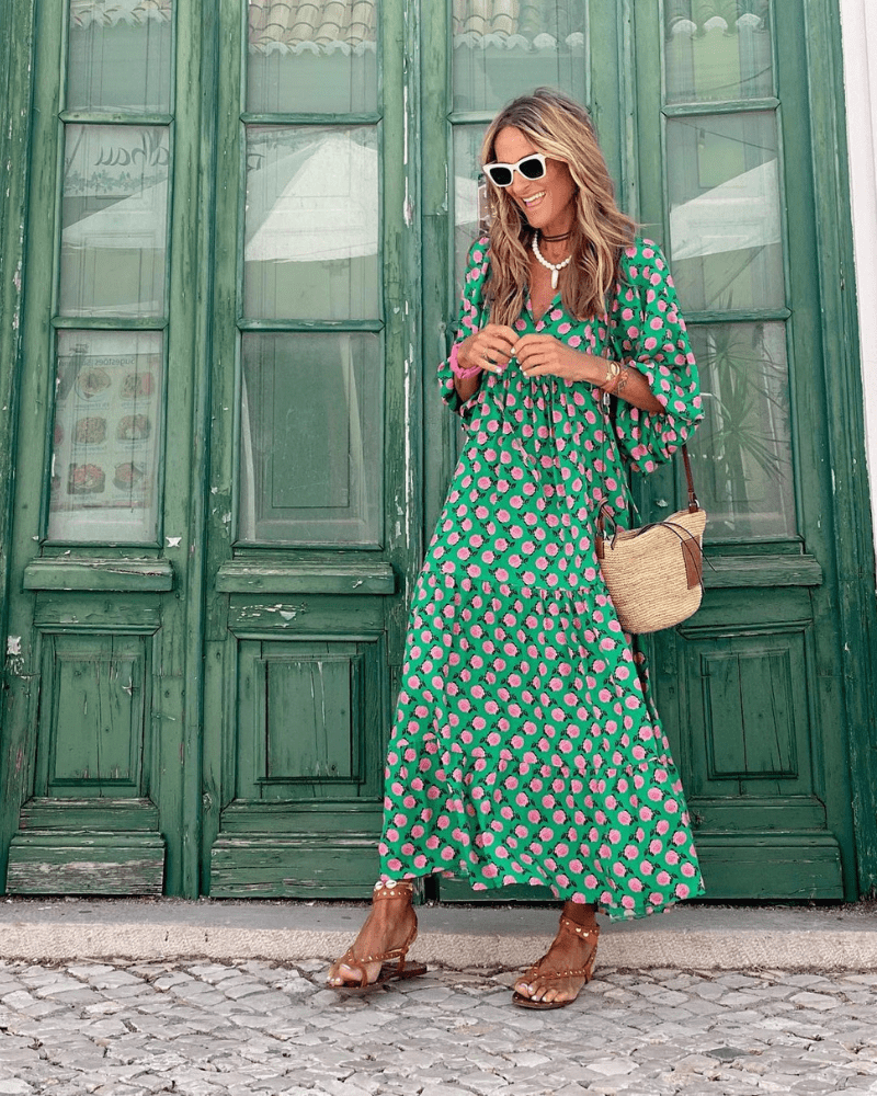 Robe Longue Femme Bohème Verte Imprimée – Coupe Fluide et Décontractée MAX FOR ME