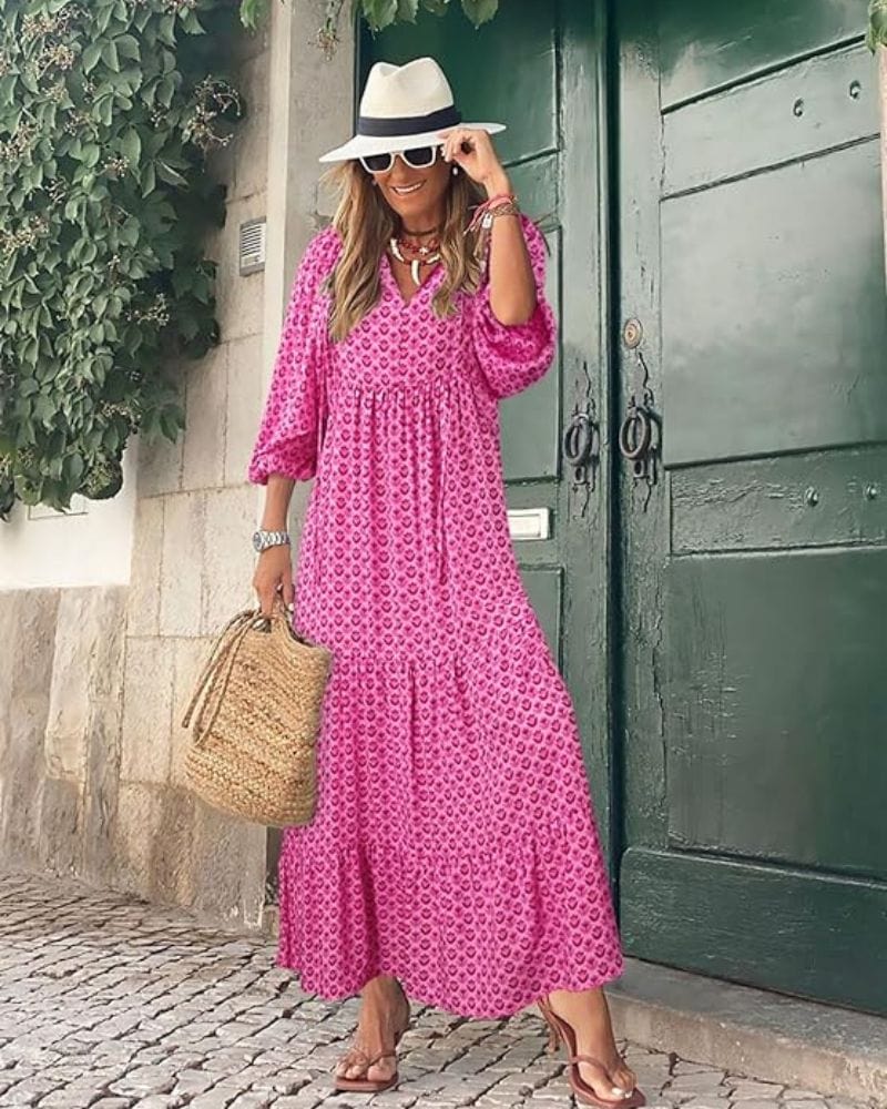 Robe Longue Femme Bohème Verte Imprimée – Coupe Fluide et Décontractée Rose Cendré / S MAX FOR ME