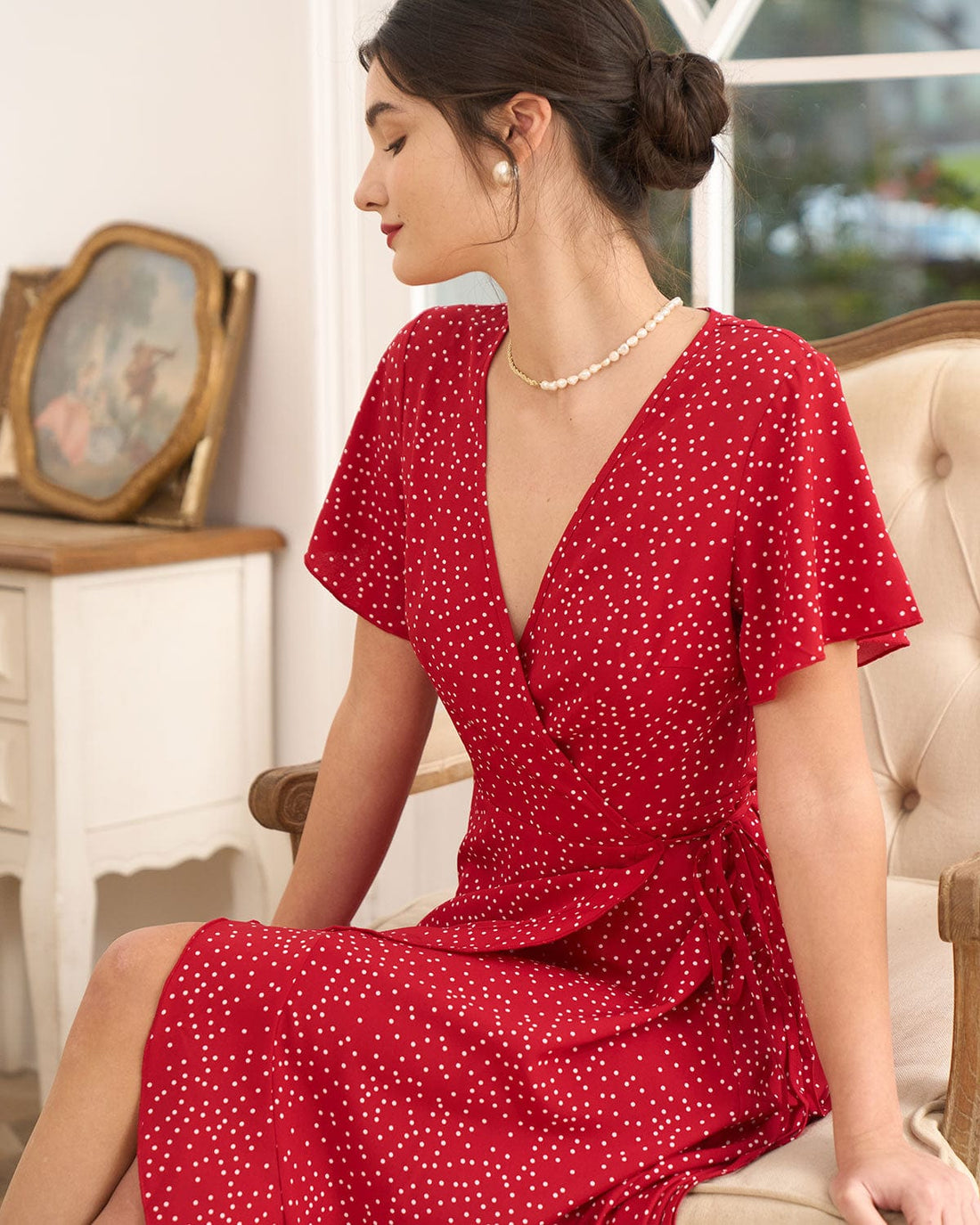 Robe Longue Femme Enveloppe à Volants à Pois Rouge MAX FOR ME