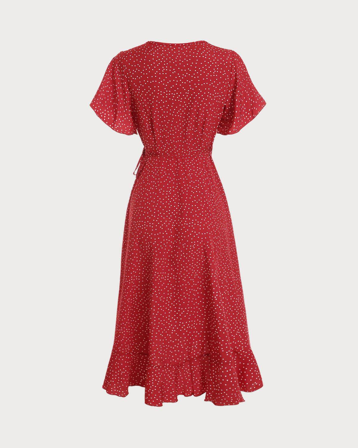 Robe Longue Femme Enveloppe à Volants à Pois Rouge MAX FOR ME